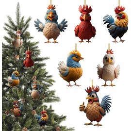 6 Pcs Christmas Chicken Ornaments Funny Chicken Xmas Tree Decorations Acrylic Hanging Chicken Decor with Hanging Rope Rooster Christmas Tree Pendants for Christmas Tree Hanging Decorations