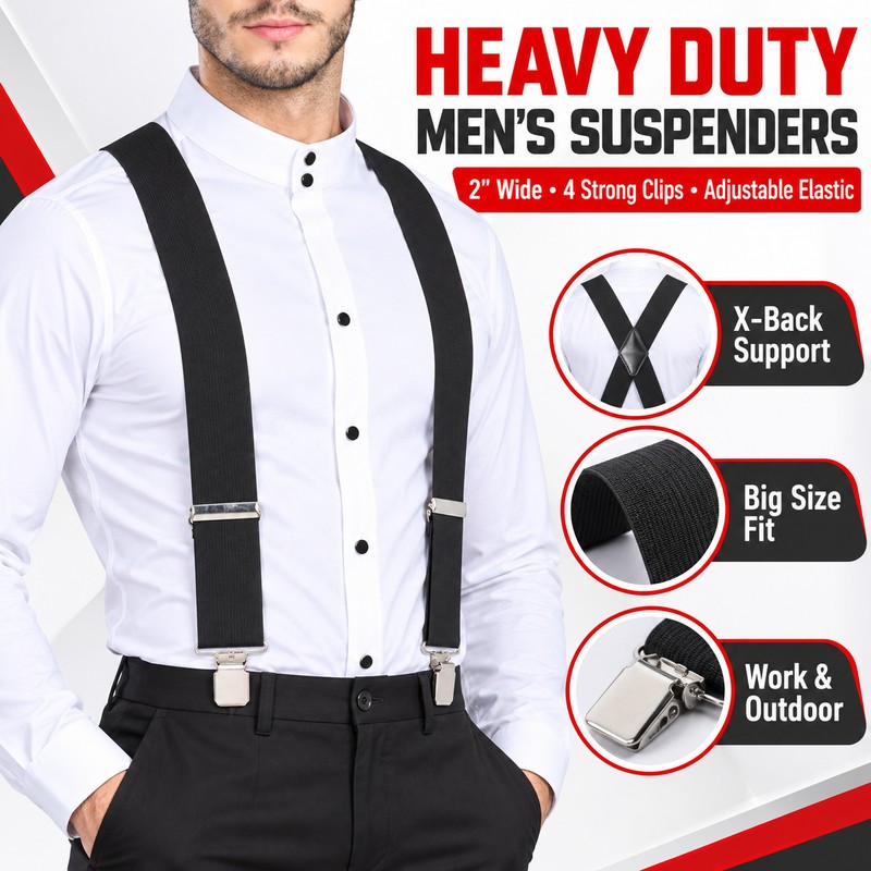 Men’s Heavy-Duty 2-Inch X-Back Suspenders with Adjustable Elastic Straps and
