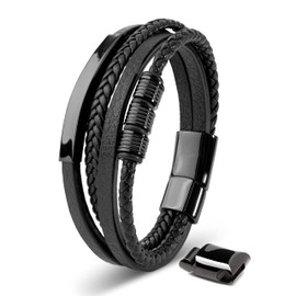 Cupimatch Leather Bracelet for Men：Adjustable Stainless Steel Magnetic Buckle 4 Layer Woven Leather Bracelet for Men Black for Fathers Day
