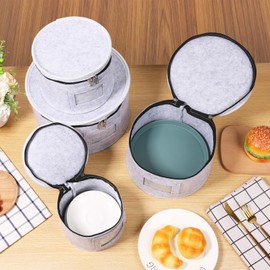 4Pcs China Storage Container with Lid 7/8.5/10/12inch Felt Plate Dish Holder Camping Dinnerware Organiser with 48 Protectors Divider Dustproof Picnic Glassware Bag for Plates Bowl Cup Stemware