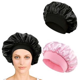 iLamvie Pack of 2 Satin Hair Caps, Night Sleep Cap, Hair Protect, Satin Hood for Sleeping, Hair Net for Women and Girls (Pink+Black), Pink+Black
