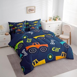 Feelyou Cartoon Car Bedding Set Construction Kids Comforter Set with Sheets 7 Piece Twin Size Boys Girls Equipment Trucks Decor Bed in a Bag Microfiber Cartoon Car Excavator Tractor Bed Set Bedroom
