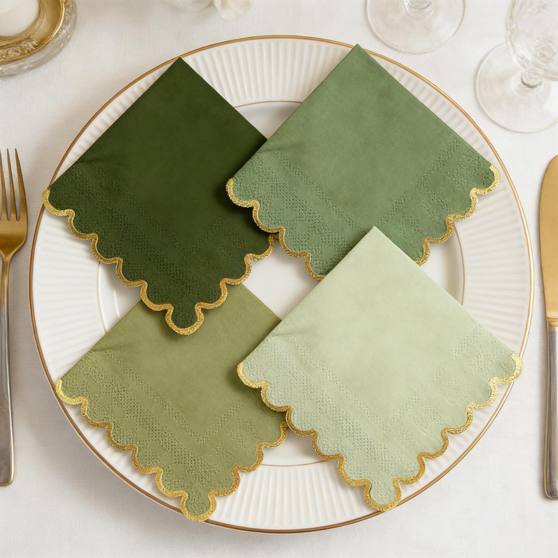 160-Pack Green Scalloped Cocktail Napkins with Gold Foil, 5 x