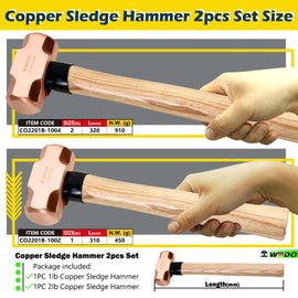 WEDO 2PCS Copper Sledge Hammer Set,1lb+2lb,Wooden Handle,Die-Forge,Corrosion Resistant, DIN Standard