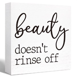 Funny Bathroom Wood Sign Beauty Doesn't Rinse Off Wood Block Sign for Bathroom Shelf Toilet Restroom Home Tabletop Desk Decor,Farmhouse Bathroom Wooden Box Sign