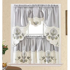 Home Must Haves Embroidery Kitchen Curtain 3-Piece Set Swag and 34 Inches Long Tiers Set Grey Rose Flower