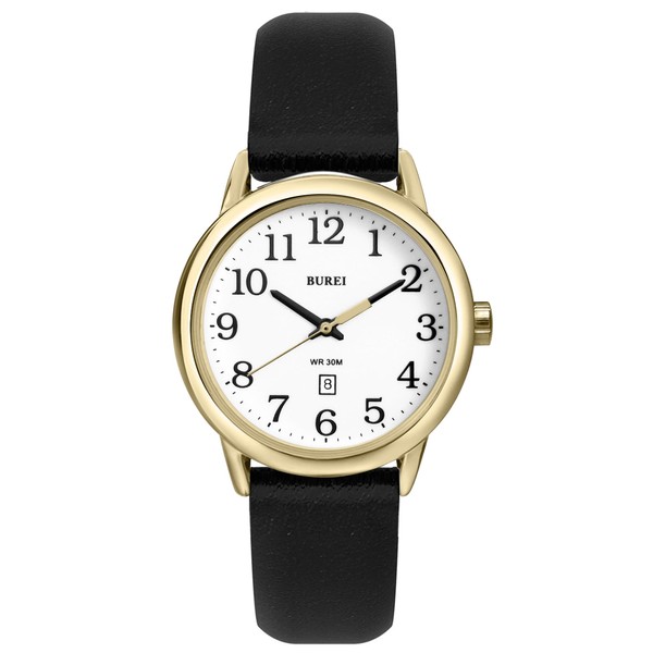 BUREI Men's Watch Black Leather Strap Minimalist Analogue Waterproof Quartz