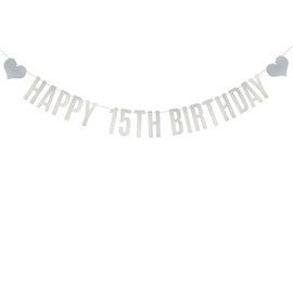 Happy 15th Birthday Banner, Pre-Strung,Silver Glitter Paper Garlands Banner for 15th Birthday Party Decorations Supplies, Letters Silver,Betteryanzi