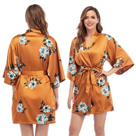 Escalier Women's Silk Satin Pajamas Sets 2Pcs Floral Silky Pj Robe Set with Chemise Nightgown Orange Floral XL