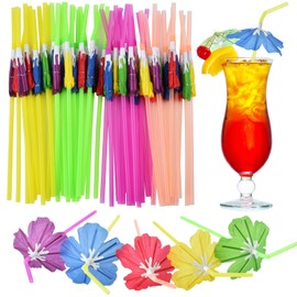ALINK 50pcs Umbrella Straws, Long Cocktail Drink Umbrellas Fancy Flower Bar Straws for Tropical Summber Beach Luau Tiki Hawaiian Party Decorations - Hibiscus