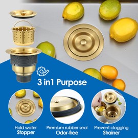 ROVOGO 3-1/2 inch Kitchen Sink Drain Assembly with Removable Deep Strainer Basket, Sealing Stopper Plug and Tailpiece, 304 Stainless Steel Drain with Extended Threads for Thicker Sinks, Gold
