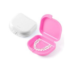 JMU Retainer Case with Vent Holes, 2 Pack, Denture Case, Mouth Guard Case, White and Pink
