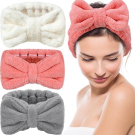 3 Pieces Towel Headbands for Women Makeup Headband for Washing Face Makeup Spa Headband, Microfiber Bowtie Shower Headband for Women(Light Coral, Grey, White)