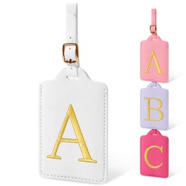 Initial Luggage Tags for Suitcases, Cute Embroidered Letter Luggage Bag Suitcase Identifier Name Baggage Tag, PU Leather Travel Luggage Tags, Bag Tags for Men Women Kids Luggage Handbags(White A)