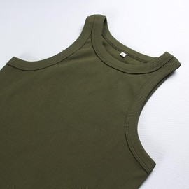 Artfish Women's Sleeveless Full Length Ribbed Fitted Racerback Workout Crew High Neck Basic Tank Top (Olive Green, XL)