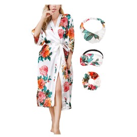 DOLOS Satin Robe for Women Long Floral Kimono Robes Lightweight Bridesmaid Robes Silky Bathrobe with Eye Mask Headband (DH-White, One size)