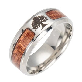 PAMTIER Men's 8 mm Tree of Life Carbon Fibre Stainless Steel Ring, Metal