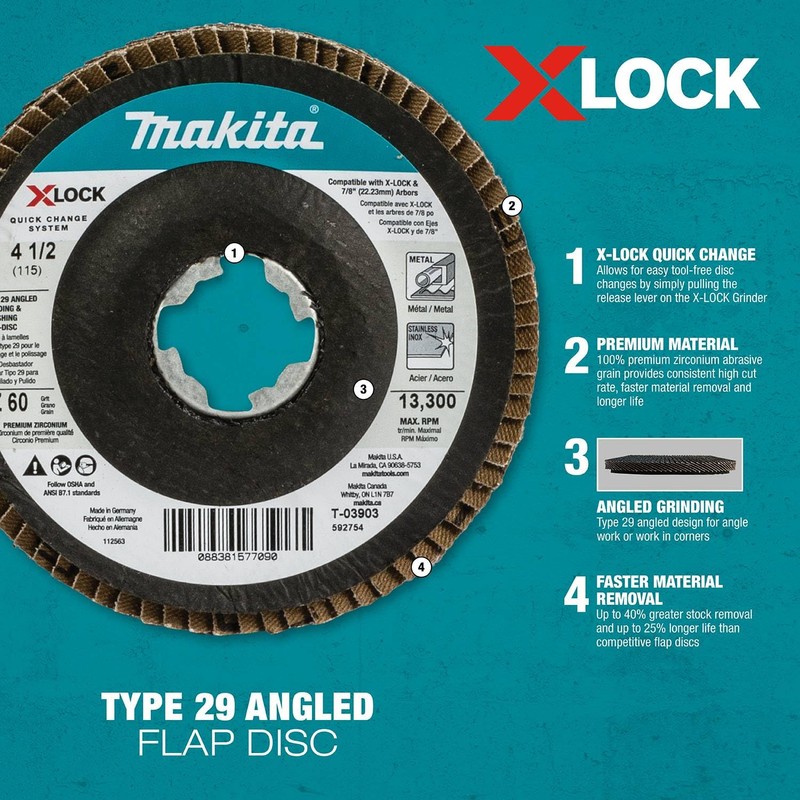 Makita T-03919 X-Lock 4‑1/2" 80 Grit Type 29 Angled Grinding