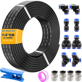 weideer Air Line Tubing Kit,1/4" Air Hose,1/4" (6.35MM) OD 32.8FT Polyurethane PU Air Hose Tube,1/4" air line with Push To Connect Fittings,14 Pcs Compressed Accessories Kit