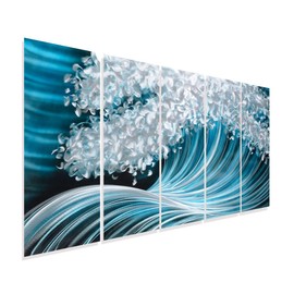 RICHSPACE ARTS Metal Wave Wall Art Large Horizontal Paintings Contemporary Blue Accents Home Decor Coastal Nautical Ocean Artwork on Aluminum for Office Living Room Bedroom Home Walls