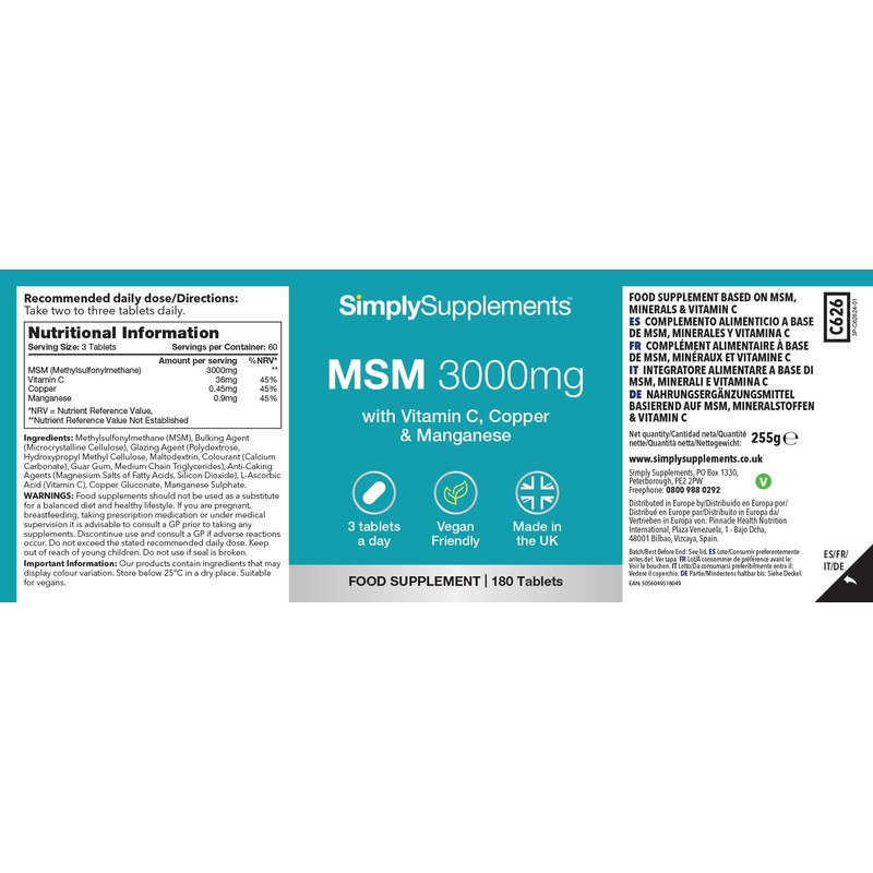 Simply Supplements MSM 3,000mg | with Added Vitamin C |