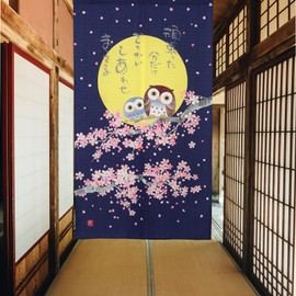 RLoncomix Cortina larga japonesa Noren para puerta, diseño de flores de cerezo y búhos, bajo la luna, tapiz para decoración del hogar, cocina, 33 x 59 pulgadas, azul marino