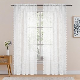 Neween Sheer Curtains White Floral Lace Curtains Rod Pocket Window Curtains Drapes for Short Curtains Bedroom, Each W145 x D213 cm, Set of 2 Panels