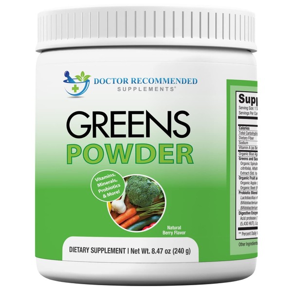 Doctor Recommended Greens Powder – Whole Food Nutritional Supplement – Probiotics and Digestive Enzymes – Berry Taste – Gluten-Free, Non-GMO, Dairy-Free, Caffeine-Free, No Artificial Sweeteners