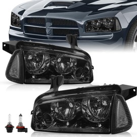TUSDAR Halogen 4Pcs Headlight Assembly Set Fits for 2006-2010 Dodge Charger Side Marker Corner Lamp OE Replacement Headlamp High Low Beam Bulbs Included Smoke Black
