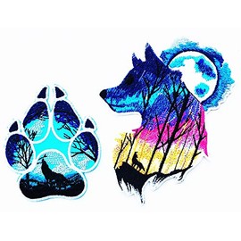 Set 2 Pcs Lone Wolf Howling Moon Footprint Wolf Emblem Kids Cartoon Iron on Patch Embroidered Patch Supplies for Jacket Bags Jeans Backpack Clothes DIY