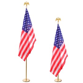iElyiEsy 2 Pack 8FT Indoor Flagpole Kit, Deluxe Gold Eagle Topper Sectional Flag Pole with Base Stand, Premium Aluminum Pole Heavy Duty Flag Pole with 3x5Ft US Flag for Schools, Office, Hall