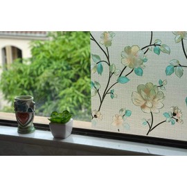 VSUDO 1 Roll 17.7" by 78.7" Privacy Window Film, Jasmine Flower Pattern Window Tint for Home, Static Cling Window Glass Sticker (9.68 Sq. Ft Total)
