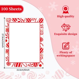 Lonfliness 100 PCS Peppermint Party Letterhead Candy Cane Christmas Border Computer Paper Stationery paper for Note Letters to Santa Holiday Printer Paper Invitations Office School 8.5 x 11 In