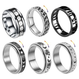 XSDSLS Pack of 6 Spinner Rings for Men and Women Stainless Steel Silver Spinner Band Rings Moon Star Ring Anti-Anxiety Spinner Rings Rotating Rings Hypoallergenic Vintage Stress Ring for Men Women