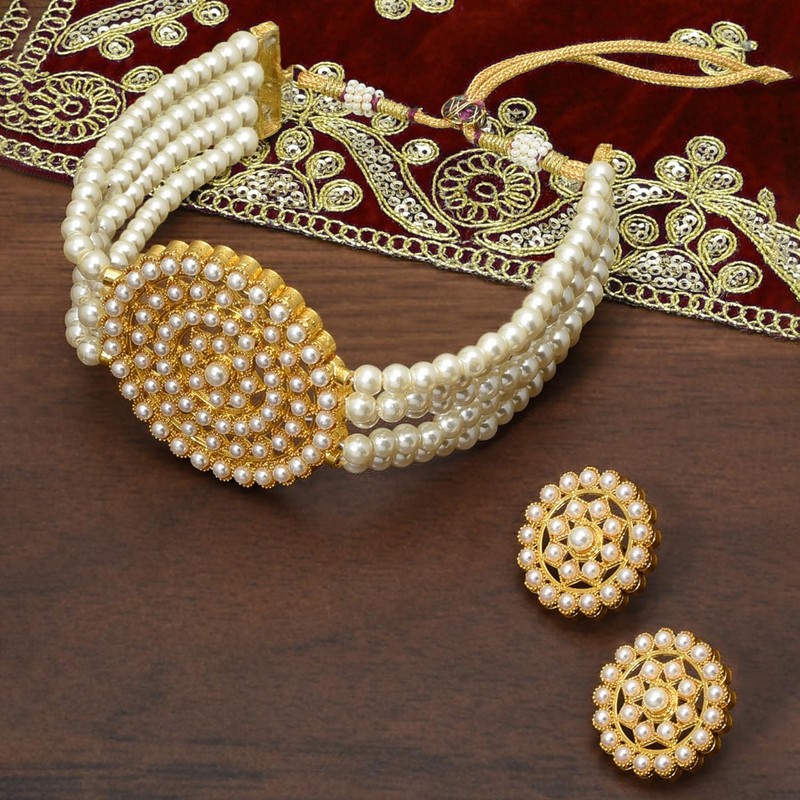 Aheli Pearl Diamond Gargantilla Collar con pendientes redondos Set Regalo