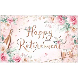 Luminora 72x43inch Pink Happy Retirement Backdrop Flowers and Leaves Champagne celebrate retirement Background Gift for Women Men Decoration Photo Banner Props