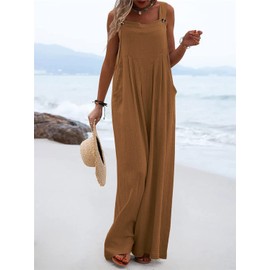 utcoco Women's Casual Baggy Sleeveless Bib Overall Adjustable Strap Wide Leg Jumpsuit Overalls with Pockets (Medium, Brown)