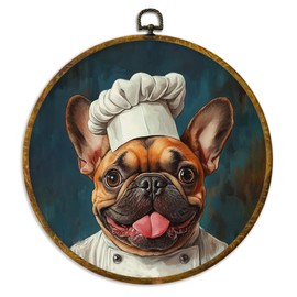 XPH Funny French Bulldog Chef Kitchen Round Wall Art Framed, Funny Dog Circle Wall Decor, French Bulldog Gifts for Women Hanging Canvas Prints for Kitchen Dining Room Home Decoration, 10x10 Inch