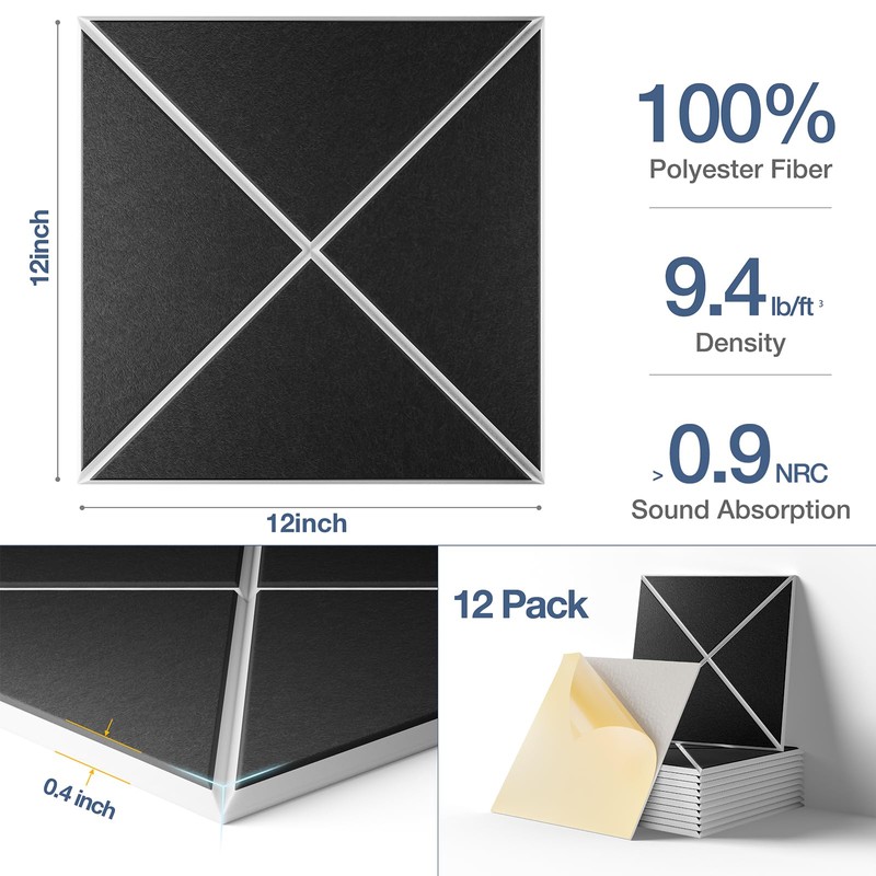 12 Pack Self-Adhesive Acoustic Panels, 12" X 12" X 0.4"