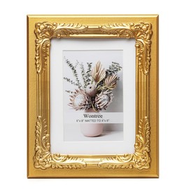 Wontree 4x6 Ornate Vintage Picture Frame Gold with Baroque Flower Trim, Solid Wood with Real Glass, Display 6x8 Photos Matted to 4x6, Vertical and Horizontal Desk Tabletop or Wall Hanging