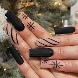 BABALAL Press on Nails Long Square Fake Nails Black Glue on Nails 3D Texture Design Handmade Acrylic Nails Snowflake Winter False Nails 24Pcs Glossy Squoval Stick on Nails New Year Artificial Nails