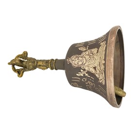 Nature's Own Hand Held Brass Bell | Handcrafted Carvings on Handle | Made in Nepal | Traditional Nepali Symbols | Decorative Bell for Home, Meditation, and Rituals | Design 2