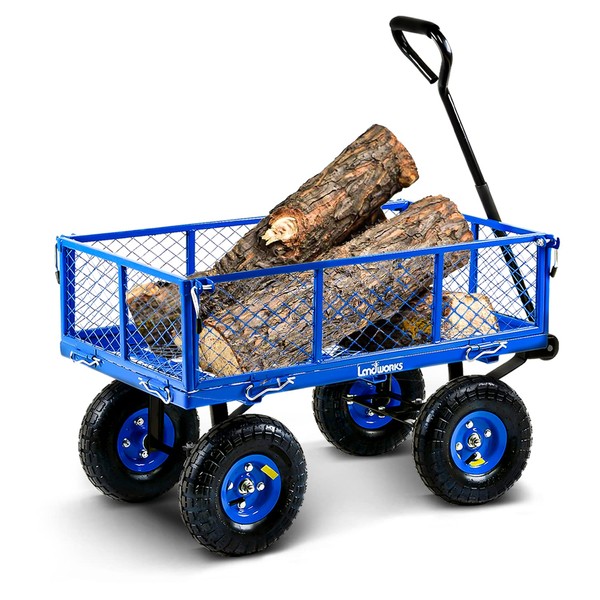 Landworks Lawn & Garden Utility Cart/Beach Wagon, All Terrain, w/Heavy Duty Removable Side Meshes, 400 lbs Cap, Blue