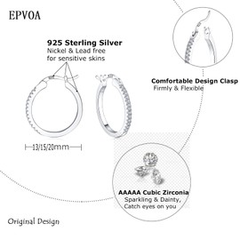 EPVOA Women's Silver Hoop Earrings, 3 Pairs Silver Hoop Earrings with AAA+ Cubic Zirconia, Small Sleeping Hoop Earrings Hoop Earrings Set for Women 13/15/20 mm, Metal