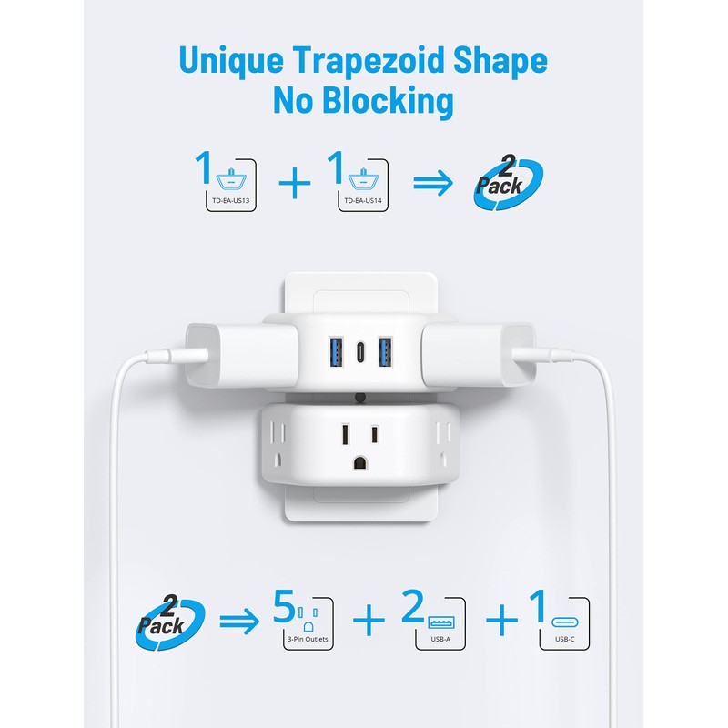 TROND Multi Plug Outlet Extender with USB - 2 Pack