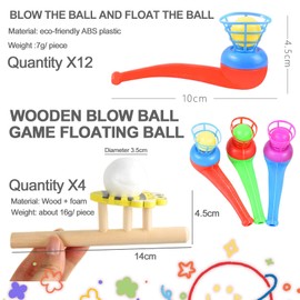 Biluer Pack of 12 Party Blow Game, Blow Ball Game with 4 Pieces Cartoon Dandelion Ball Wooden Games Children Floating Ball Dandelion Game Whistle Ball for Party and Everyday Life (Random Colour)