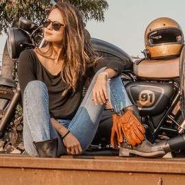 Harssidanzar Leather Motorcycle Gloves,Womens Motorcycle Riding Driving Glove for Women,Motorbike Powersports Gloves Touchscreen GL016, Saddle,Size L