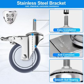 Fixhando 4 inch Stainless Steel Caster Wheels Heavy Duty, 1/2"-13x1-1/2 Threaded Stem Casters with Brake, Rust Resistant, Non-Marking TPR Rubber Wheels for Hospital, Lab,Furniture,Restaurant