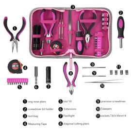 Household Hand Tools Pink Home Tool Kit Universal Lady's Tool Set Includes Bits Sockets Measuring Tape Cutting Pliers DIY Repair Tool for Home Office Bicycle 23 Pieces