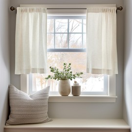 jinchan Linen Textured Tier Curtains 24 Inch for Kitchen Windows Farmhouse Cafe Curtains Small Drapes Rustic Light Filtering Half Window for Living Room Laundry Rod Pocket 2 Panels Natural Crude
